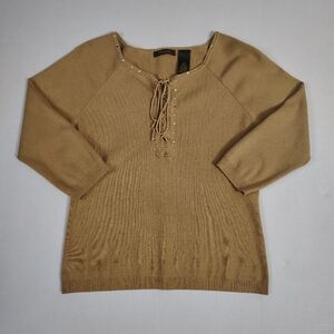 Sioni 3/4 Sleeve Women's Tan Rhinestone Sweater with Lace-Up Size Medium